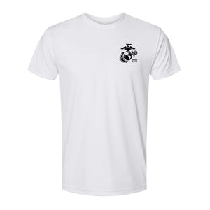 White Left Chest Eagle, Globe, and Anchor Established Performance T-Shirt- Black Logo