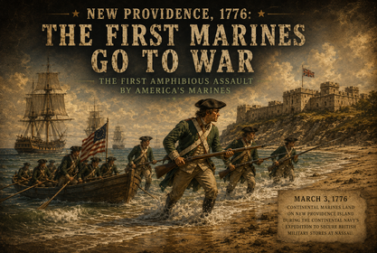 Continental Marines landing at New Providence, Bahamas, March 3, 1776 — the first amphibious assault in Marine Corps history