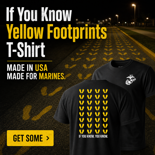 Marine recruits standing on the yellow footprints at Marine Corps Recruit Depot during boot camp