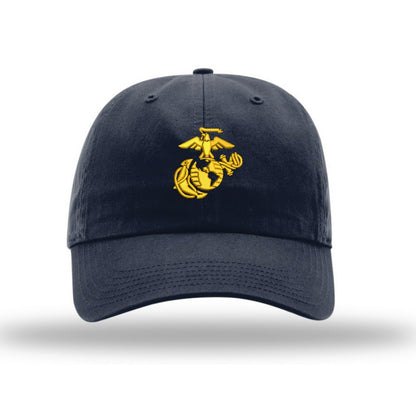 Eagle Globe & Anchor Unstructured USMC Hat with 3D embroidery- Navy Hat w/ Gold
