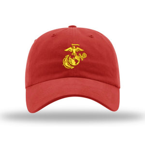 Eagle Globe & Anchor Unstructured USMC Hat with 3D embroidery- Red Hat w/ Gold