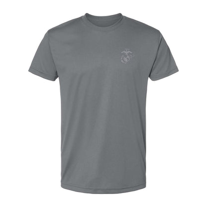 Grey Left Chest Eagle, Globe, and Anchor Established Performance T-Shirt- Grey Logo