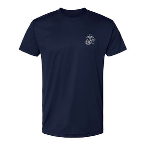 Navy Left Chest Eagle, Globe, and Anchor Established Performance T-Shirt- Grey Logo