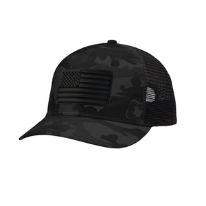 American Flag Blackout PVC Patch Structured Trucker Hat in Black Camo - patriotic USA trucker