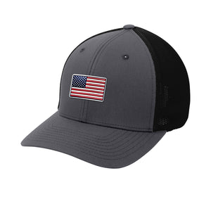 FlexFit American Flag Flex Patch Structured Trucker in Charcoal - patriotic USA hat