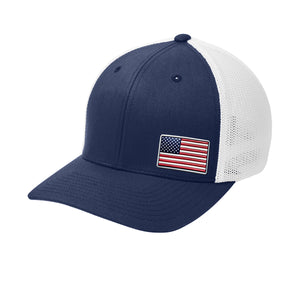 FlexFit Offset American Flag Flex Patch Structured Trucker in Navy - patriotic USA hat