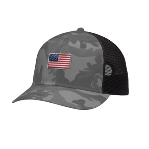 American Flag Flex Patch Structured Trucker Hat in Grey Camo - patriotic USA trucker