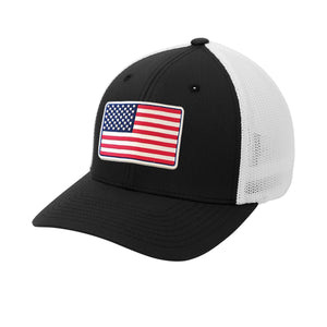 FlexFit American Flag PVC Patch Structured Trucker in Black - patriotic USA hat