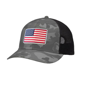 American Flag PVC Patch Structured Trucker Hat in Grey Camo - patriotic USA trucker