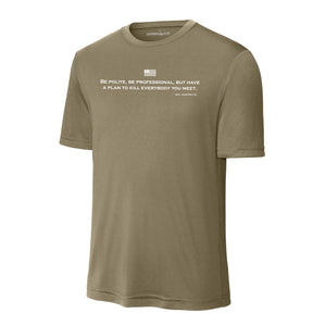 Be Polite and Have a Plan Mattis Quote Performance T-Shirt in Coyote - Marine Corps veteran tee