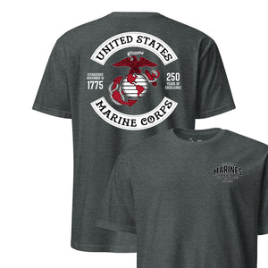 250th USMC Birthday Rocker T-Shirt in charcoal - Marine Corps 250th anniversary tee