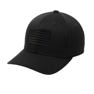FlexFit Blackout American Flag PVC Patch Structured Hat in Black - patriotic USA hat