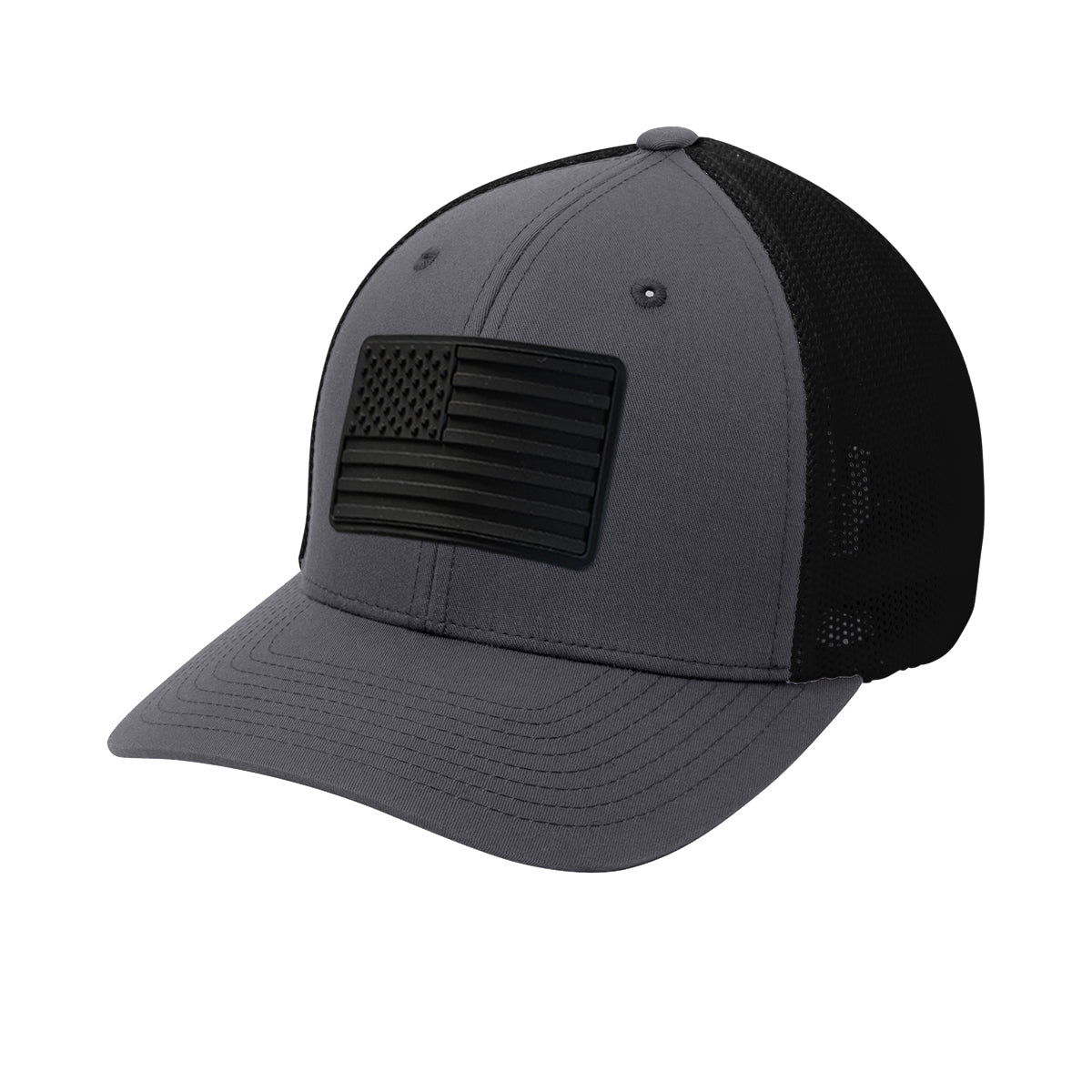 FlexFit Blackout American Flag PVC Patch Structured Trucker