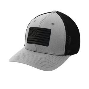 FlexFit Blackout American Flag PVC Patch Structured Trucker in Silver Black - patriotic USA hat