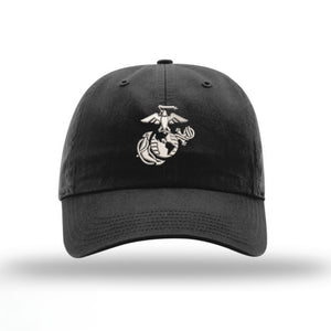 Eagle Globe & Anchor Unstructured USMC Hat embroidery- Black Hat w/ Grey