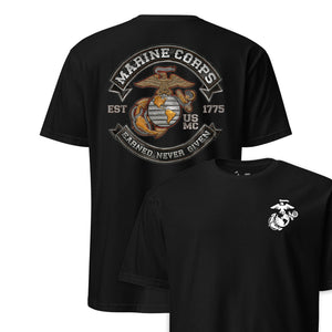 Earned Never Given Rocker Leather Patch T-Shirt in black - USMC tee front and back