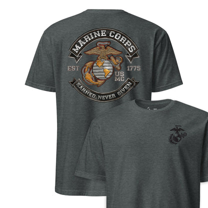 Earned Never Given Rocker Leather Patch T-Shirt in charcoal - USMC tee front and back