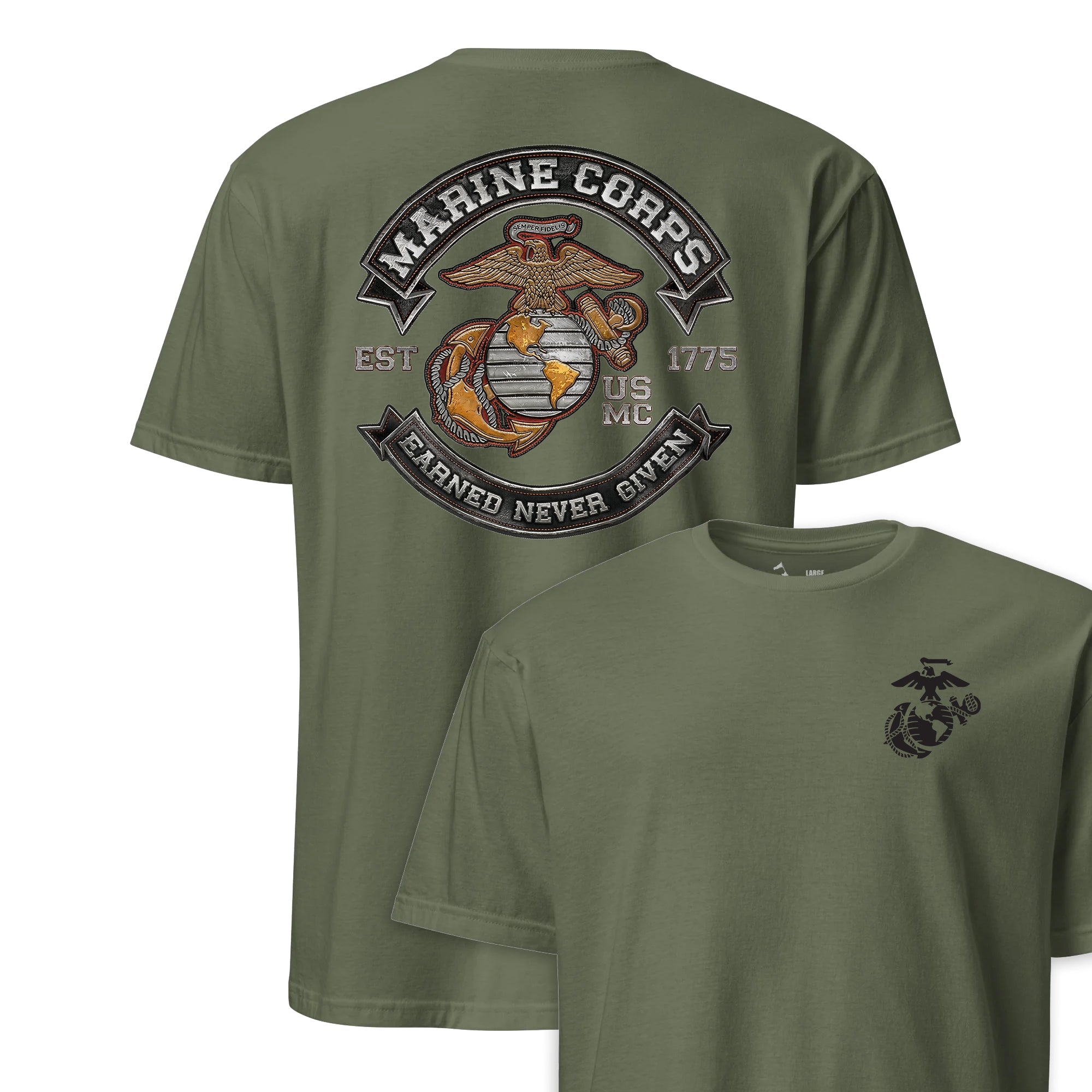 Earned Never Given Rocker Leather Patch T-Shirt | USA Made USMC Tee