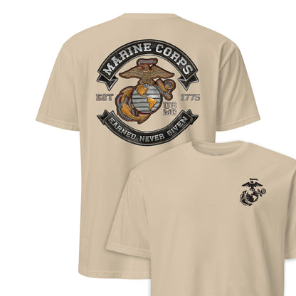 Earned Never Given Rocker Leather Patch T-Shirt in sand - USMC tee front and back