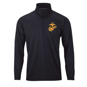 Eagle Globe & Anchor Gold Performance Quarter Zip Pullover in Black - USMC unit apparel