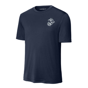 Eagle Globe & Anchor Silver Left Chest Performance T-Shirt in Navy - USMC unit apparel