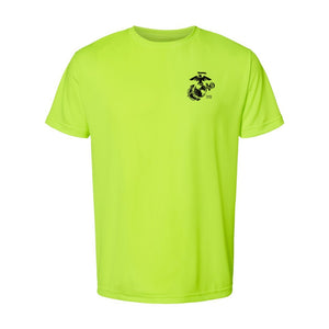 Safety Green Left Chest Eagle, Globe, and Anchor Established Performance T-Shirt- Black Logo