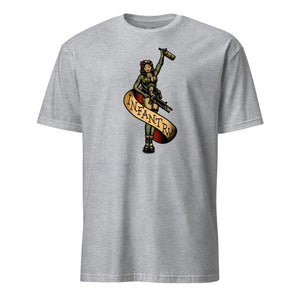 Infantry Pin-Up with M4 M203 and Bottle T-Shirt in Grey - USMC unit tee