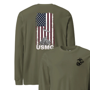 Iwo Jima Flag Longsleeve T-Shirt in OD Green - USMC WWII tribute tee