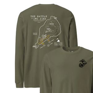 Iwo Jima Landing Map Longsleeve T-Shirt in OD Green - USMC WWII historic tee