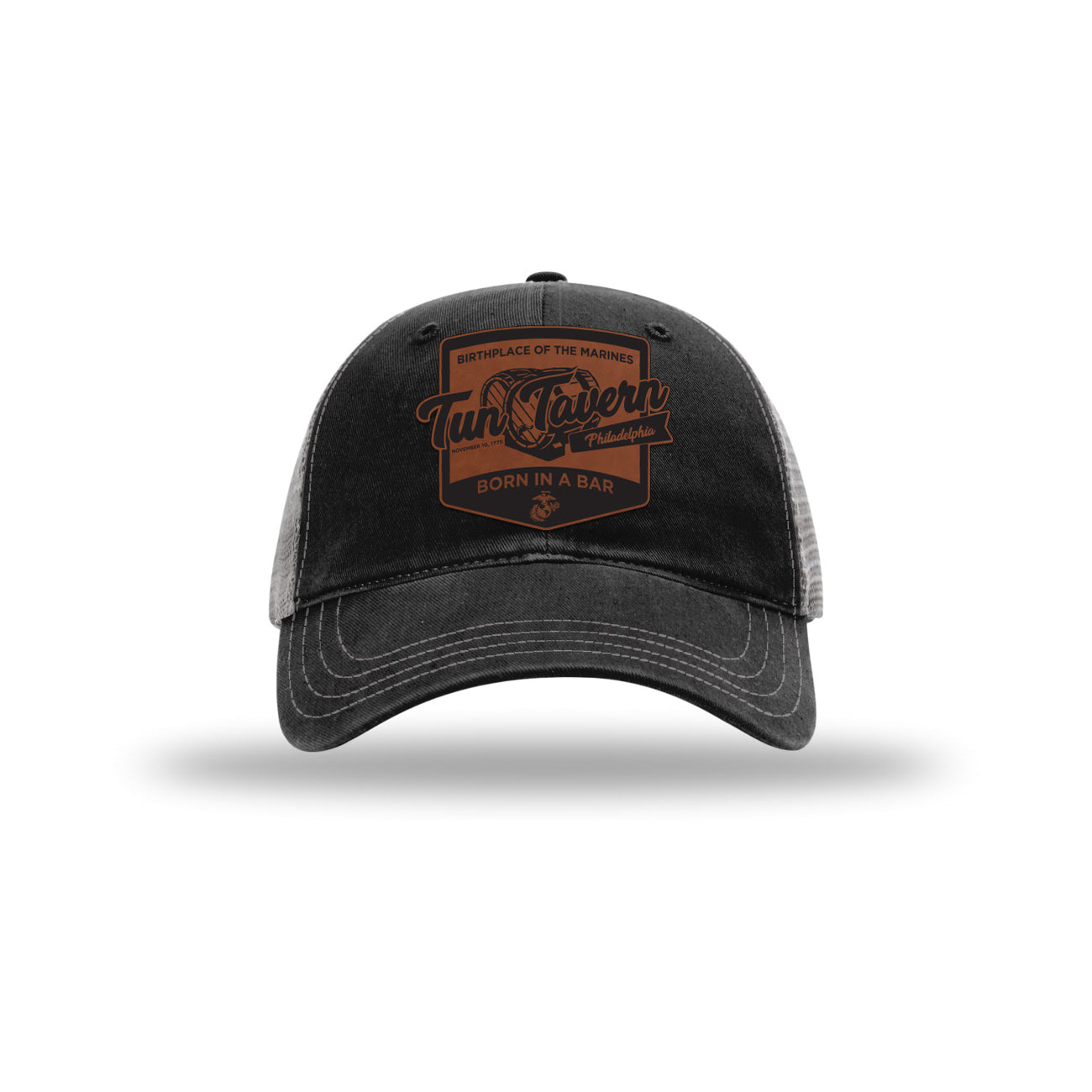 Tun Tavern Born in a Bar Cask Leatherette Patch Soft Mesh Trucker