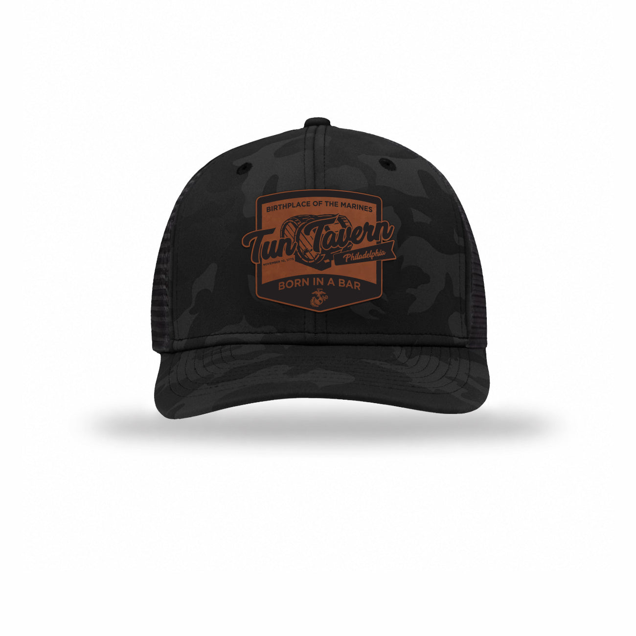 Tun Tavern Born in a Bar Cask Leatherette Patch Camo Structured Trucker