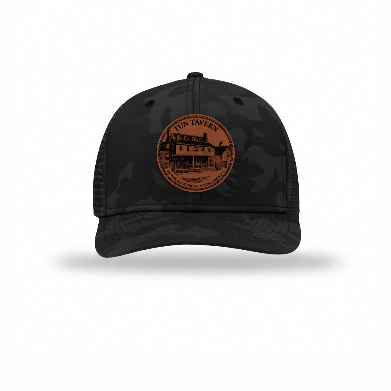 Tun Tavern Birthplace Circle Leatherette Patch Camo Structured Trucker
