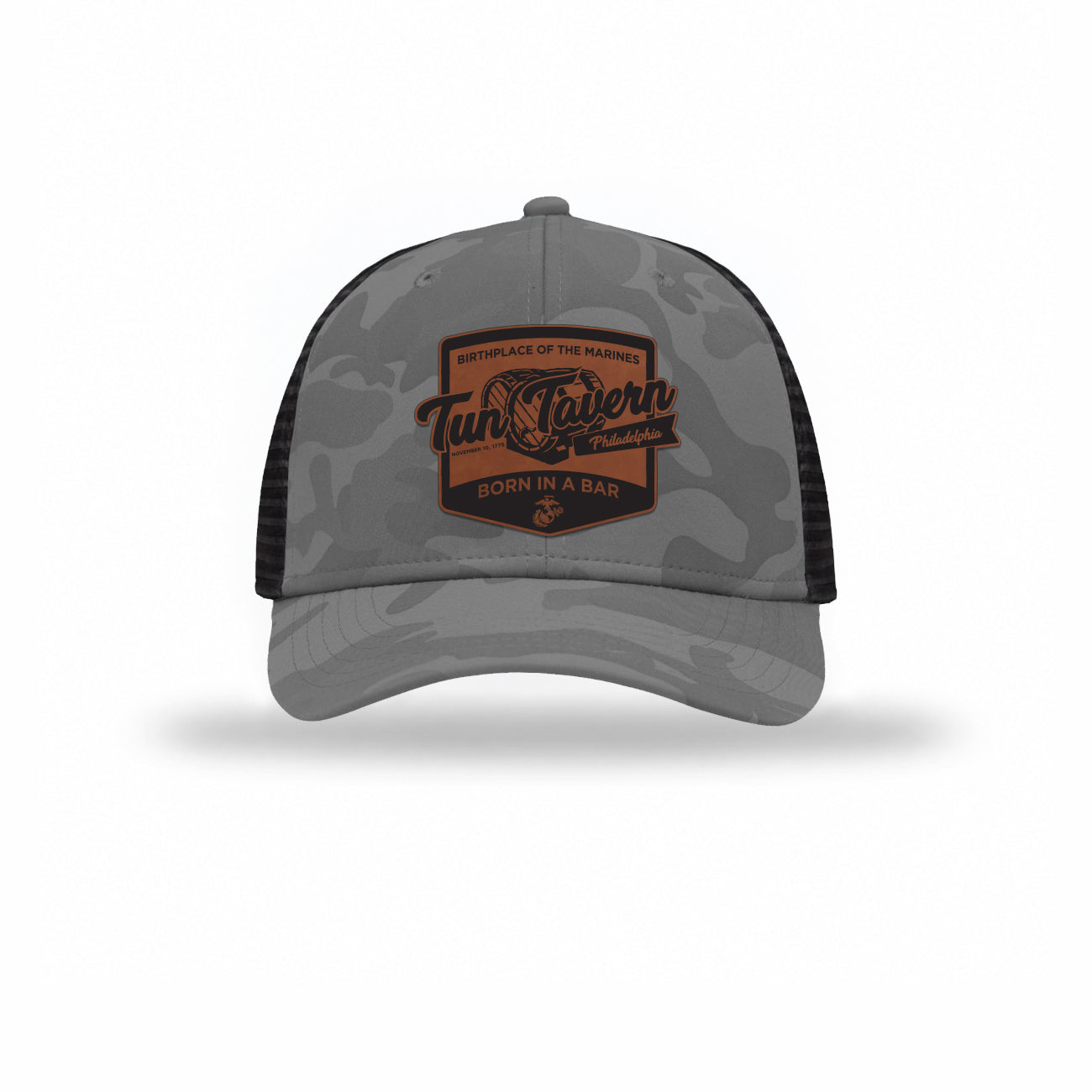 Tun Tavern Born in a Bar Cask Leatherette Patch Camo Structured Trucker