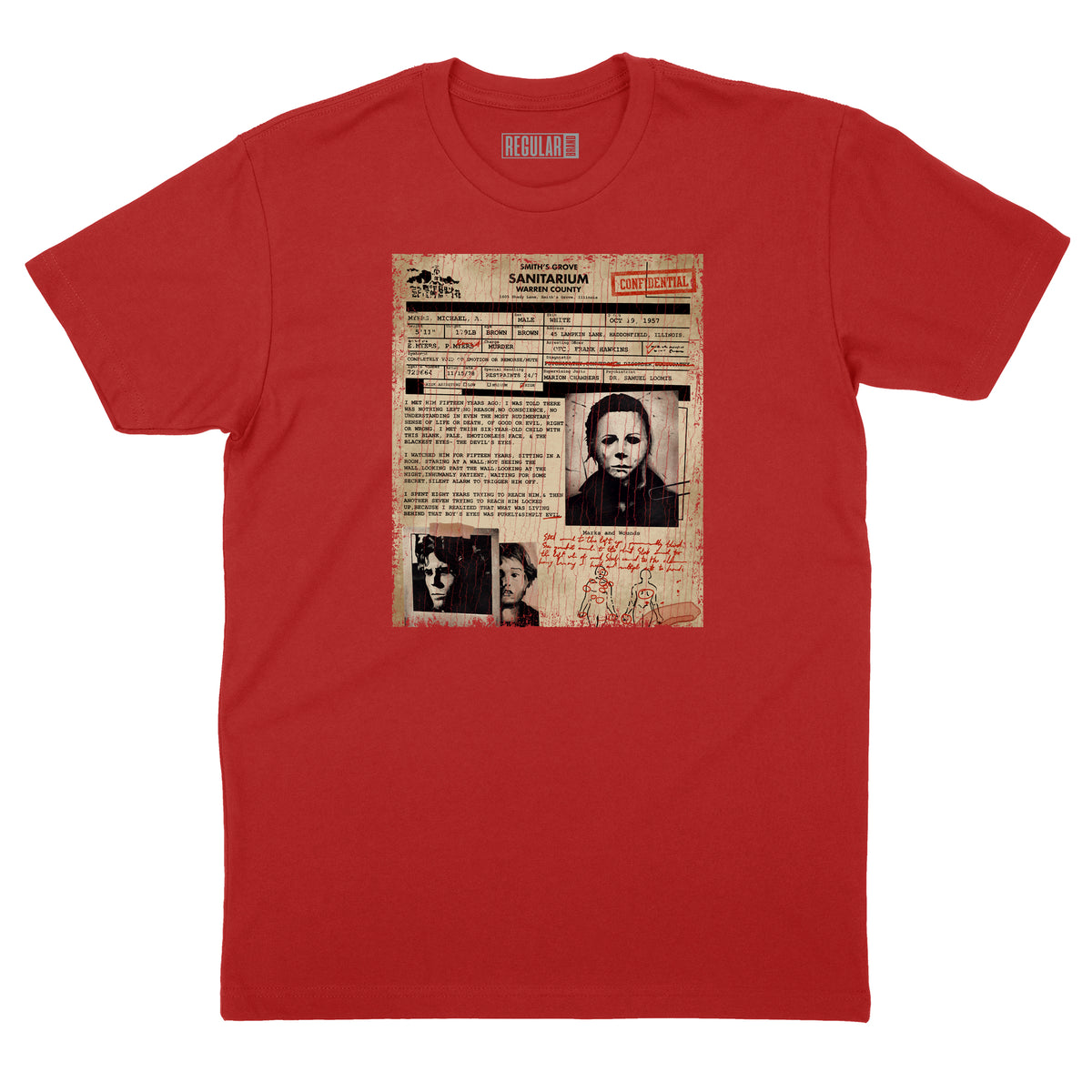 Smiths Grove Sanitarium Michael Myers Admission Form T-Shirt (By Regular Brand) — Red