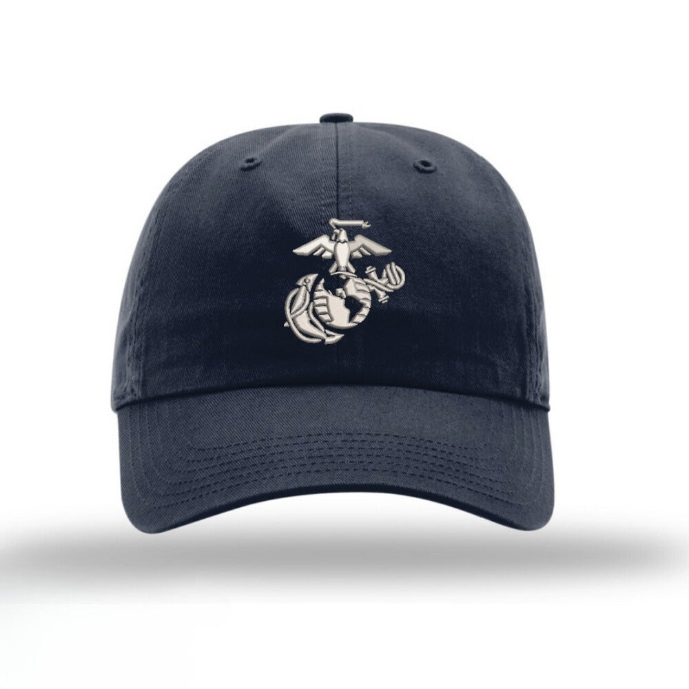 Eagle Globe & Anchor Unstructured USMC Hat with 3D embroidery- Navy Hat w/ Grey