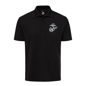 Eagle Globe & Anchor Silver Performance Polo Shirt in Black - USMC unit polo shirt