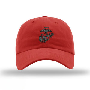 Eagle Globe & Anchor Unstructured USMC Hat with 3D embroidery- Red Hat w/ Black