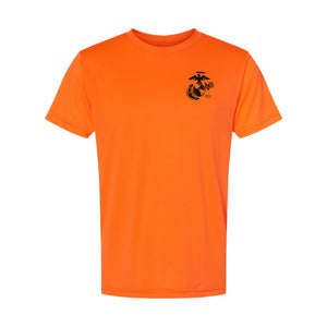 Safety Orange Left Chest Eagle, Globe, and Anchor Established Performance T-Shirt- Black Logo