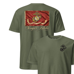 Semper Fidelis Vintage USMC Flag T-Shirt in OD Green - officially licensed Marine Corps