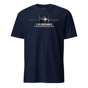 F-35 Lightning II Airframe Specs T-Shirt in Navy - Marine Corps aviation tee