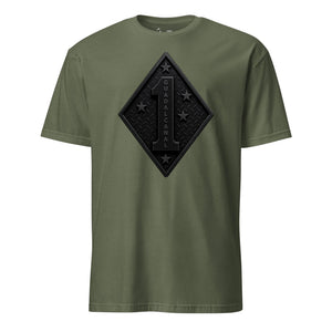 1st Marine Division Diamond Plate Blackout T-Shirt in OD Green - USMC unit tee