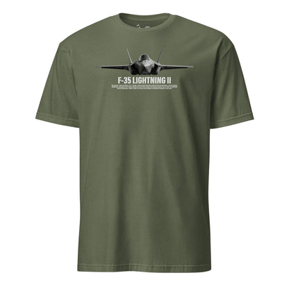 F-35 Lightning II Airframe Specs T-Shirt in OD Green - Marine Corps aviation tee