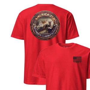 America 250 Signing the Declaration of Independence T-Shirt in Red - patriotic USMC tee