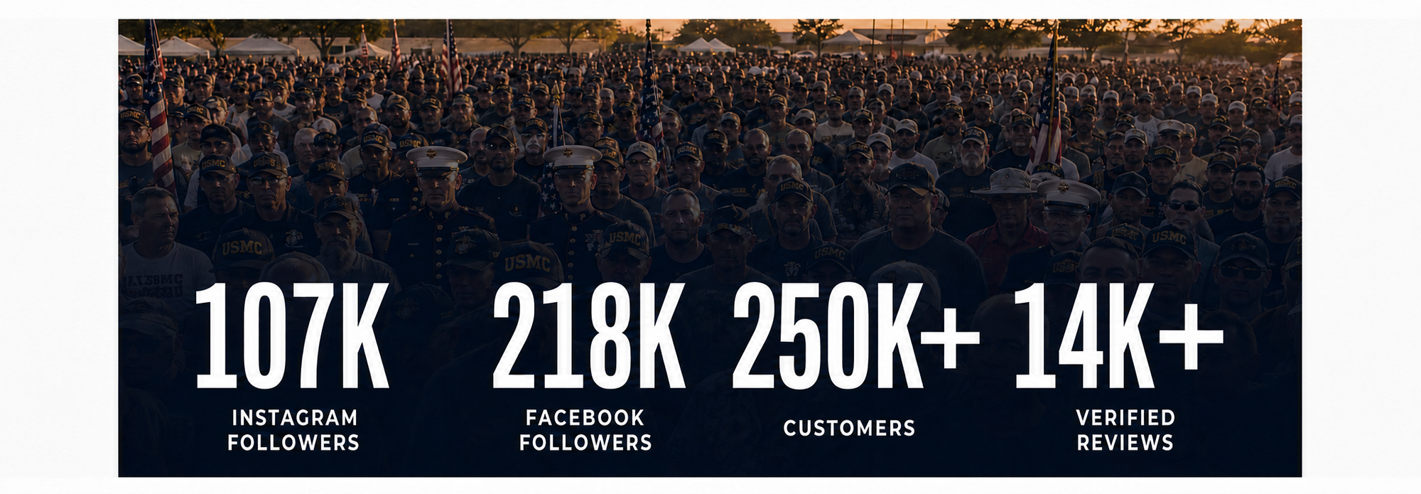 Leatherneck For Life community: 107K Instagram followers, 218K Facebook followers, 250K+ customers, and 14K+ verified reviews