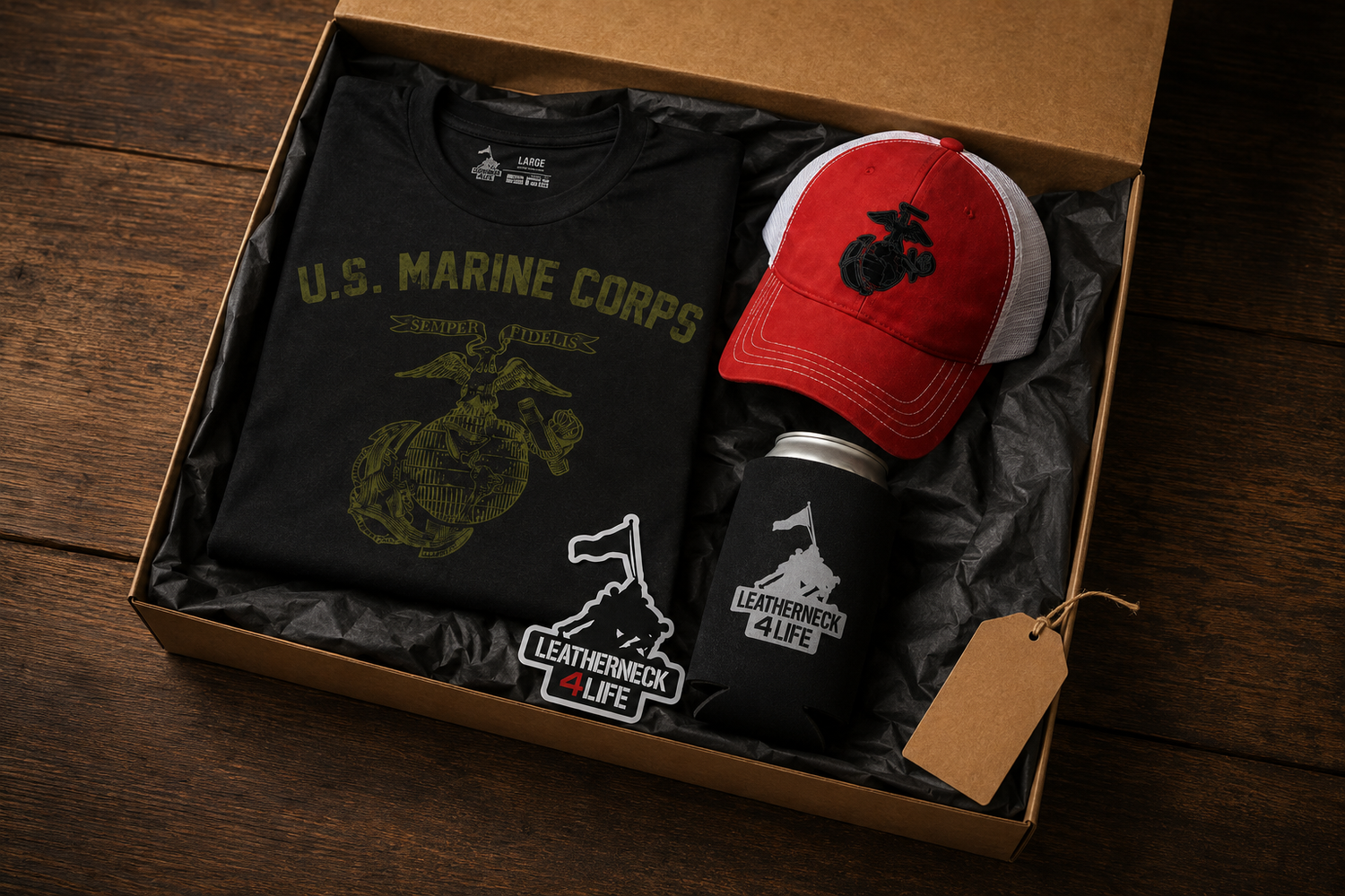 Leatherneck For Life Marine gift box with shirt, hat, decal and beverage coolie
