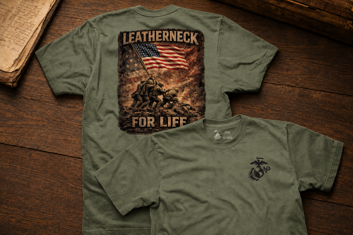 Leatherneck For Life Iwo Jima OD T-shirt displayed front and back on an archival tabletop